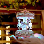 Carousel Music Box with 3 Rotating Horses, Color-Changing LED Lights, Wind-Up Clockwork 18-Note Melody, Small Resin Tabletop Decor, 5.9" Tall x 3.93" Dia (Blue)