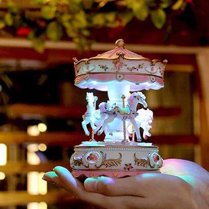 Carousel Music Box with 3 Rotating Horses, Color-Changing LED Lights, Wind-Up Clockwork 18-Note Melody, Small Resin Tabletop Decor, 5.9" Tall x 3.93" Dia (Purple)