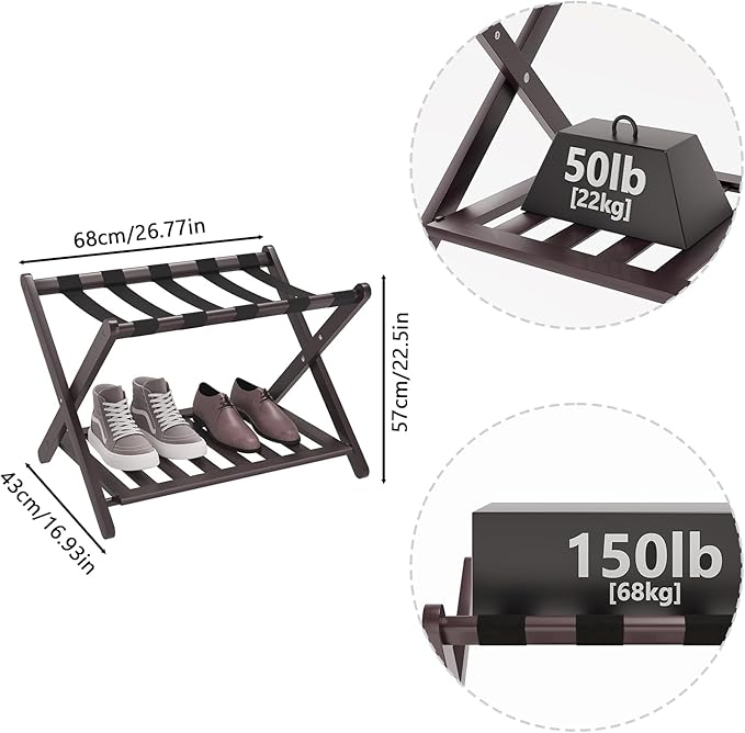 Smuxee Fully Assembled Brown Luggage Racks Pack of 2, Upgraded Bamboo Foldable Suitcase Stand with 5 Nylon Straps, Luggage Holder with Shelf for Guest Room Bedroom Hotel