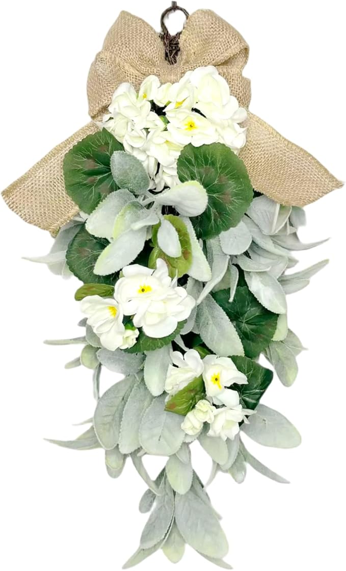 18.9 Inch Artificial Teardrop Swag with Burlap Bow, Farmhouse Decor for All Seasons, Green and White Faux Wreath for Front Door, Wall, or Wedding