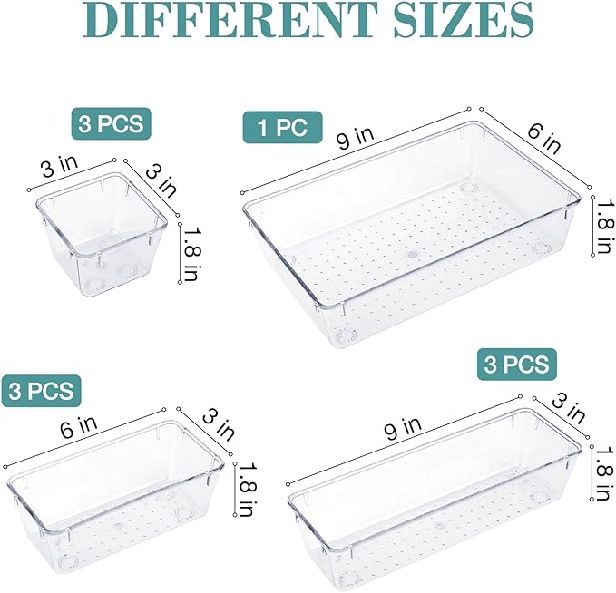10 PCS Drawer Organizer Set,4 Varied Size Bathroom and kitchen Drawer cabinet organizer Trays, Clear Storage Bins for Makeup, Jewelry, Utensils and Gadgets