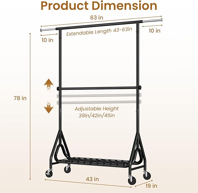 Double Rods Clothing Rack, Heavy Duty Clothes Rack for Hanging Clothes Load 560LBS, Metal Rolling Garment Racks with Wheels, Freestanding Clothes Hanging Racks, Black