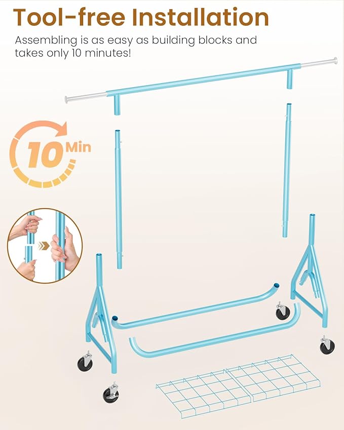 Heavy Duty Clothing Rack, Metal Clothes Rack Load 450 LBS, Rolling Coat Racks for Hanging Clothes with Lockable Wheels, Wardrobe Closet Garment Racks for Bedroom, Sky Blue