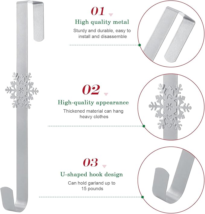 Wreath Hangers for Front Door,15" Sturdy Metal Wreath Doors Hangers,Over The Door Hooks for Front Porch Decor,Garland Hooks Holders for Halloween Christmas Decorations (Silver Snowflakes, 1 Pack)
