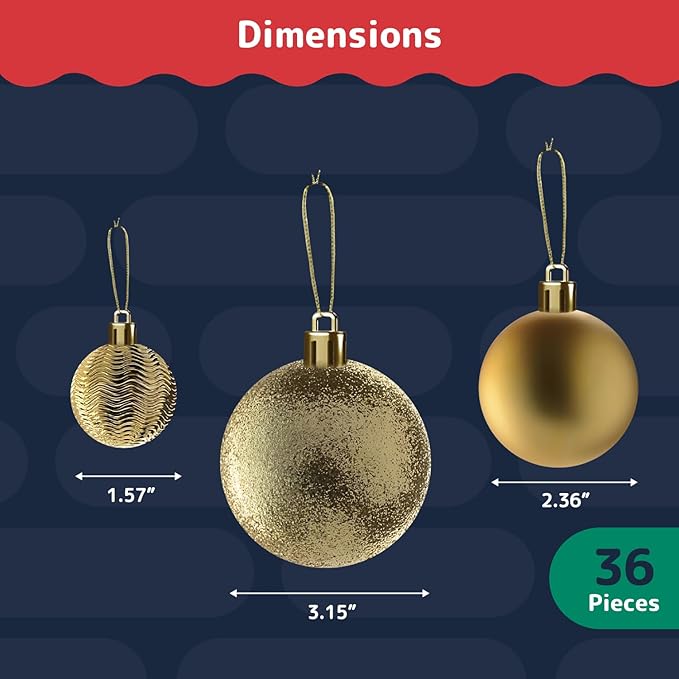 Prextex 36pc Shatterproof Christmas Ornaments Set - Gold Christmas Tree Decorations in 3 Sizes and 6 Styles - Hanging Balls with Loops in Matte, Shiny, and Glitter Finishes for Indoor-Outdoor Display