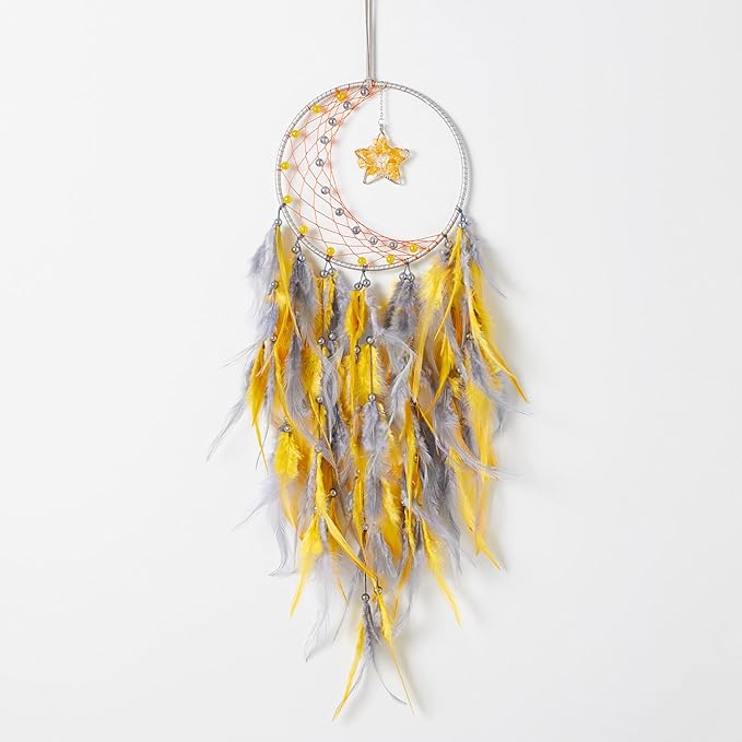 Dreamlike Moon Dream Catchers Wall Decor Crescent Dream Catcher with Crystal Stone Star Shaped Tree of Life Pendant Handmade Yellow Feather Dreamcatchers Wall Hanging for Girls Bedroom Wedding Gift