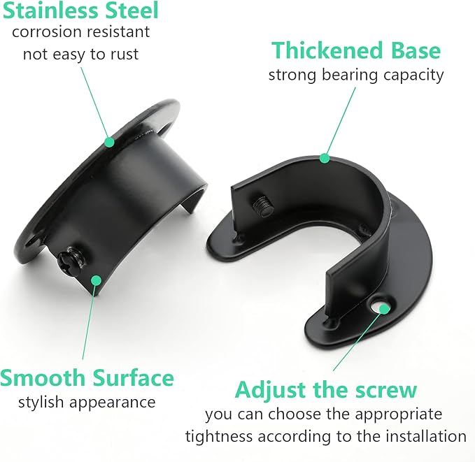 4PCS Stainless Steel Closet Rod Bracket, 1-1/3 Inch Diameter, Heavy Duty, U Shaped End Supports, Black