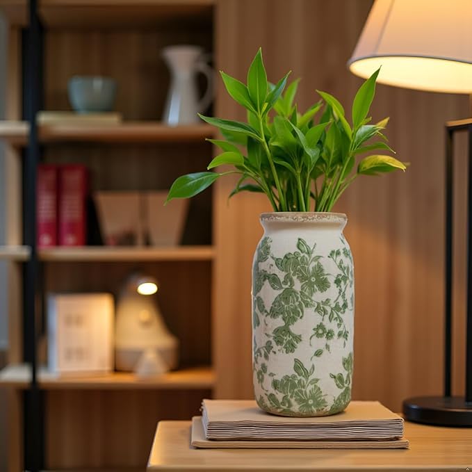 Vintage Green Floral Ceramic Vase, 8 Inch Crackle Glaze Rustic Handmade Vase, Decorative Pottery for Fresh or Dried Flowers, Farmhouse Cottage Modern Rustic Decor