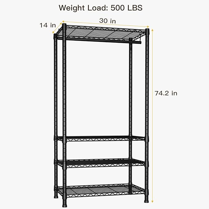 Ulif H2 Heavy Duty Clothes Rack, Freestanding 4 Tiers Garment Rack for Hanging Clothes with Shelves and Hangers, Closet Organizers and Storage Metal Closet Wardrobe System, Max Load 500 LBS, Black