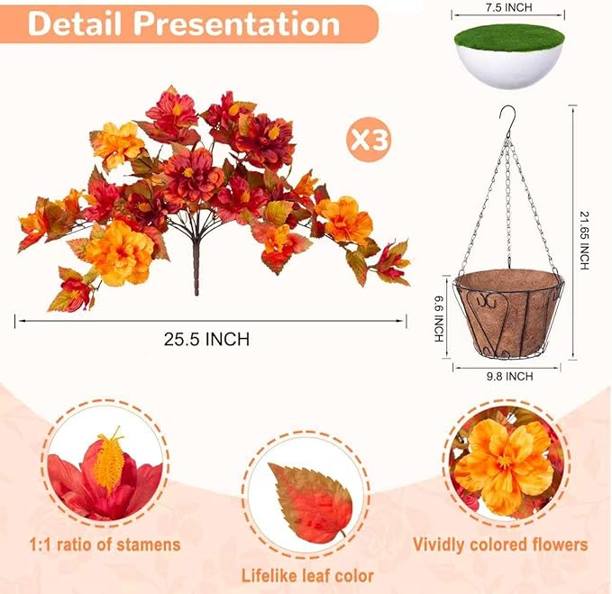 Artificial Fake Fall Hanging Flowers with Basket for Outdoors Decoration 3PCS Faux Fall Flowers for Outdoor Planters UV Resistant No Fade Silk Hibiscus for Home Porch Patio Garden Balcony Yard Decor