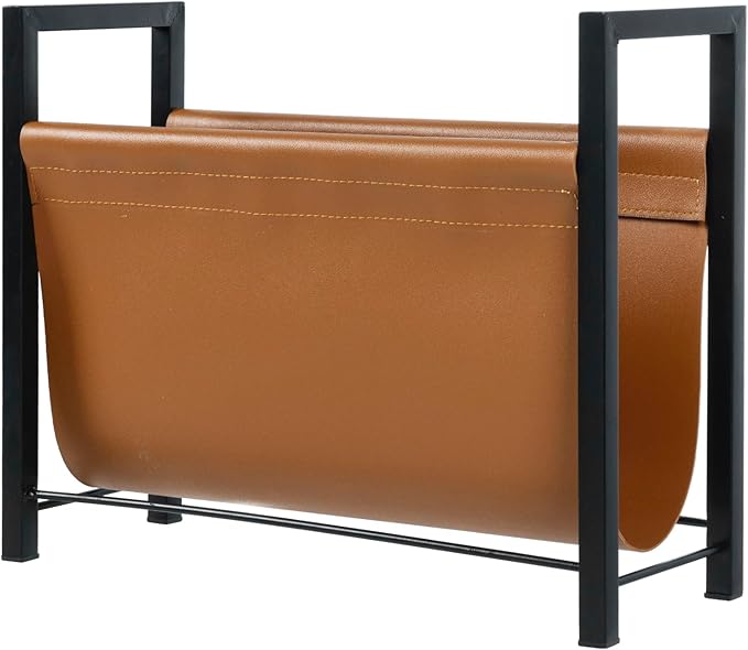 MyGift 15 Inch Modern Caramel Leatherette Magazine Holder with Rectangular Black Metal Frame, Floor Standing Faux Leather Book Storage Newspaper Rack, Home Bathroom Decor