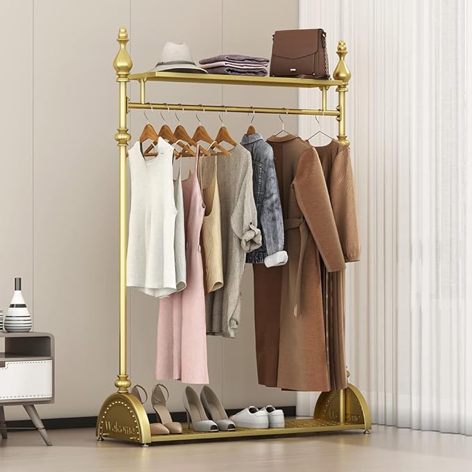 Clothing Rack Gold, Industrial Clothes Rack for hanging Clothes with Double Shelves Freestanding Multi-functional Heavy Duty Garment Rack, Metal Movable Portable Coat Rack for Organizing Clothes Shoes