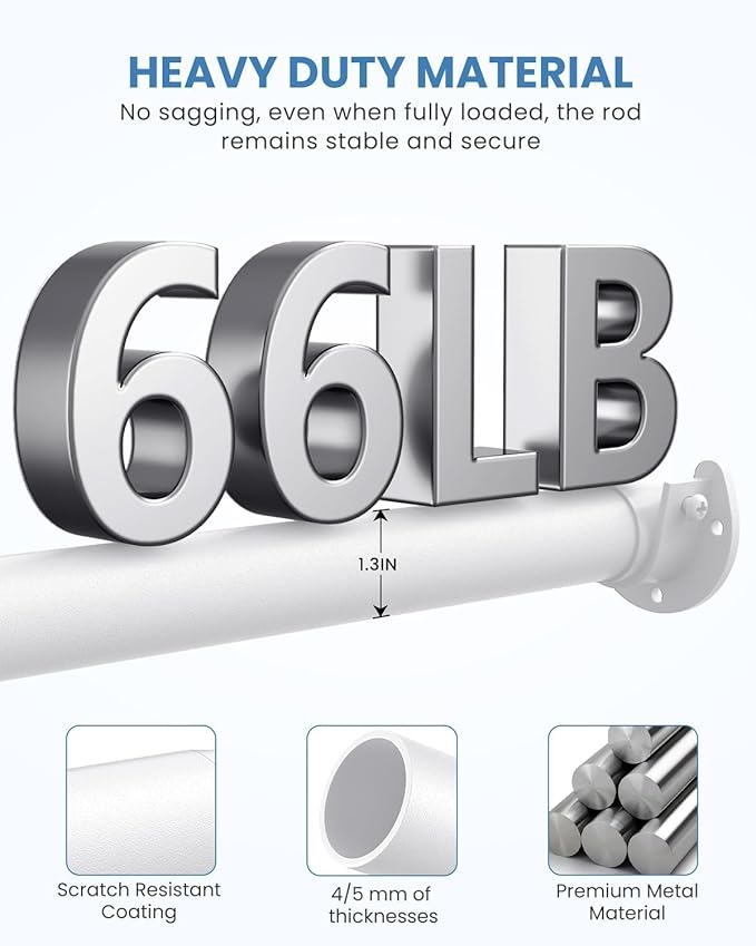 2 PACK Closet Rods for Hanging Clothes, 17 to 54 Inches Stepless Adjustable Metal Closet Rod, 1.3 Inches Heavy Duty Clothes Hanging Rod for Closet Wardrobes Laundry RV, White