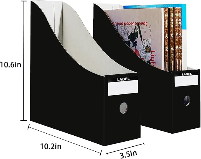 Limitliho 2 Pack Black Cardboard Magazine File Holder for Desktop, Book Bins for Classroom Library, Office or Home, Vertical Paper Boxes for Storage with Label(10.6" H x 10.2" L x 3.5" W in)