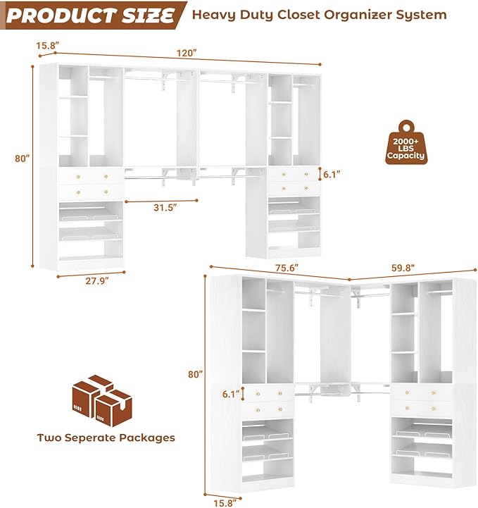 10FT Closet System with 4 Drawers, 120" Closet Organizer System with 6 Hanging Robs & Reversible Hanging Shelving, Closet Systems for Walk-in Closets, Load 2000+LBS, White 2 Pack