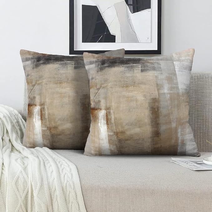 Beige Abstract Art Artwork Pillow Cover, Gallery Modern Decorative Throw Pillows Cushion Cover for Bedroom Sofa Living Room 26 x 26 Inch Set of 2