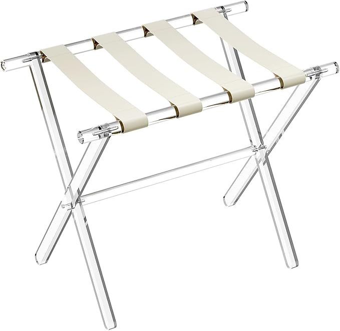 Sumerflos Acrylic Luggage Rack for Guest Room - Foldable Suitcase Stand with Leather Straps for Bedroom Living Room Hotel Heavy-Duty, Holds up to 50-100 lb lightweight Space Saving (Beige & Handle - 1 Pcs)