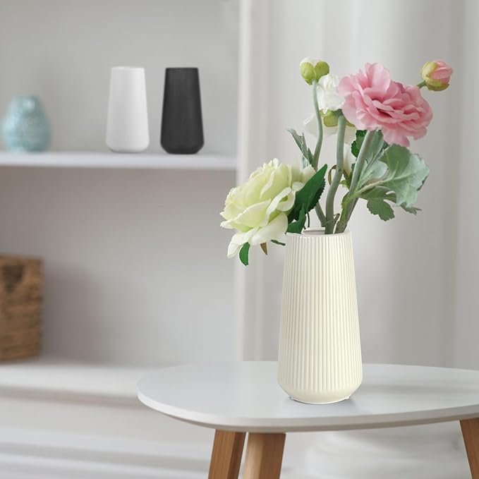 Beige Ceramic Vase, GUKJOB Cute Flower Vase for Pampas Grass, Home, Living Room, Dining Table, Farmhouse, Office Decor, Bedroom, Table, and Kitchen Shelf (XL Beige)