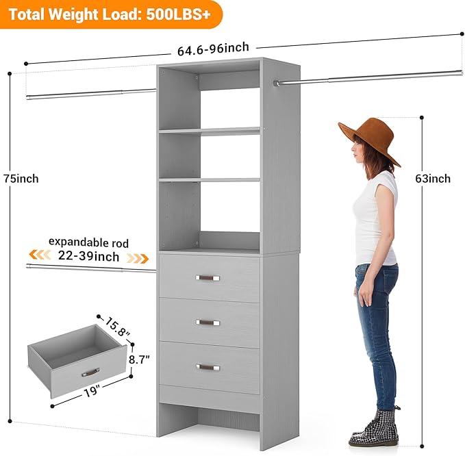 Homieasy 96 Inches Closet Organizer System, 8FT Customizable Walk In Closet Organizer with Hanging Rods, 3 Drawers Garment Rack with Leather Handle , 96" L x 16" W x 75" H, Max Load 1000 LBS, Grey