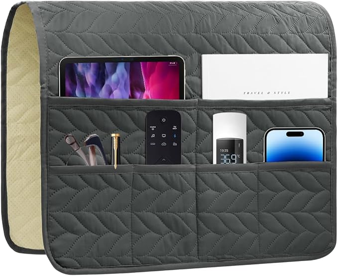 Sofa Armrest Organizer Arm Chair Caddy for Recliner, Remote Control Holder for Recliner, Non-Slip Armchair Caddy with 6 Pockets Storage for Magazine, Tablet, Phone, Dark Grey