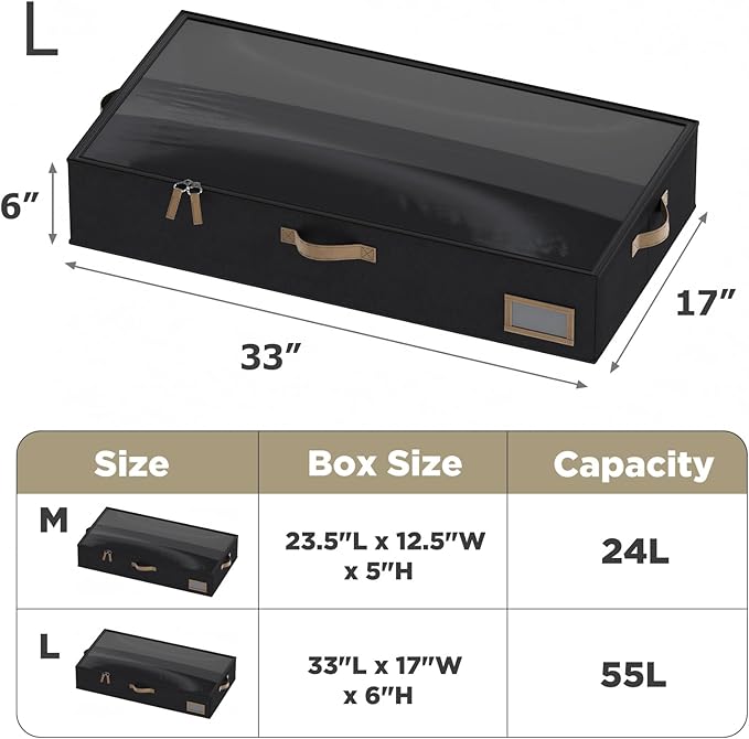 Under Bed Storage, Under Bed Storage Containers Bins for Clothes, Large Linen Underbed Closet Organization Bins, 2 Pack Collapsible Underbed Bin Dorm for Clothes, Sweater, Black