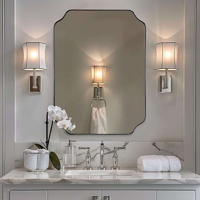 ANDY STAR Scalloped Bathroom Mirror, 22x30’’ Brushed Nickel Rectangle Mirror, Silver Bathroom Vanity Mirror, Modern Scalloped Edge Design in Rust-Proof Stainless Steel 1” Frame