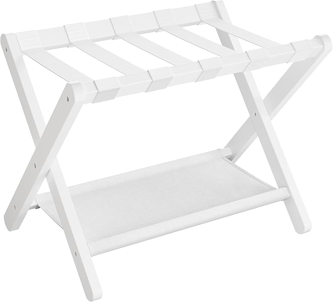 SONGMICS Luggage Rack, Folding Suitcase Stand with Storage Shelf, for Guest Room, Hotel, Bedroom, Heavy-Duty, Holds up to 131 lb, Classic White URLR007W01