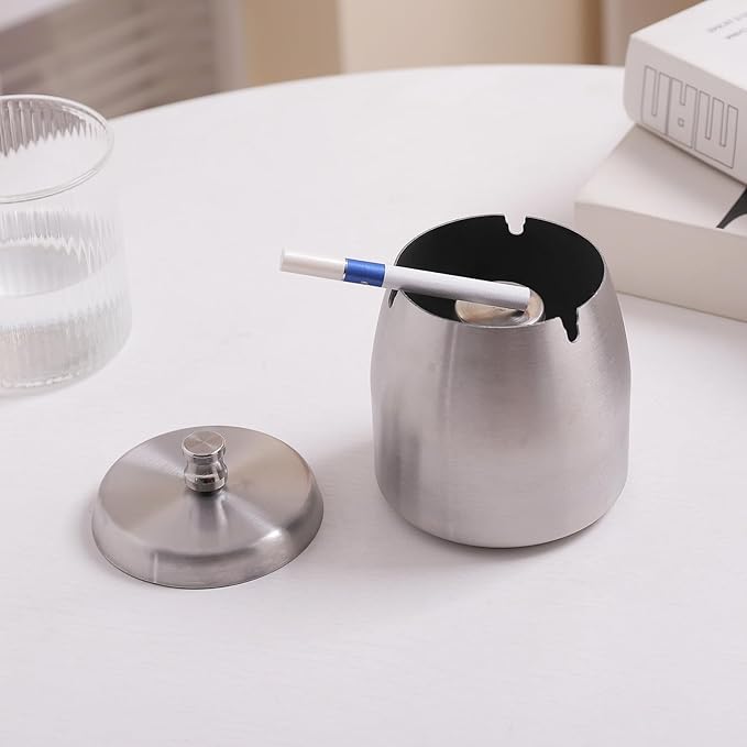 Ashtray with Lid for Cigarette, Stainless Steel Smokeless Odorless Windproof Ashtrays for Home Office Tabletop Outside Patio Outdoor Balcony(3.54"x3.0"x3.38")