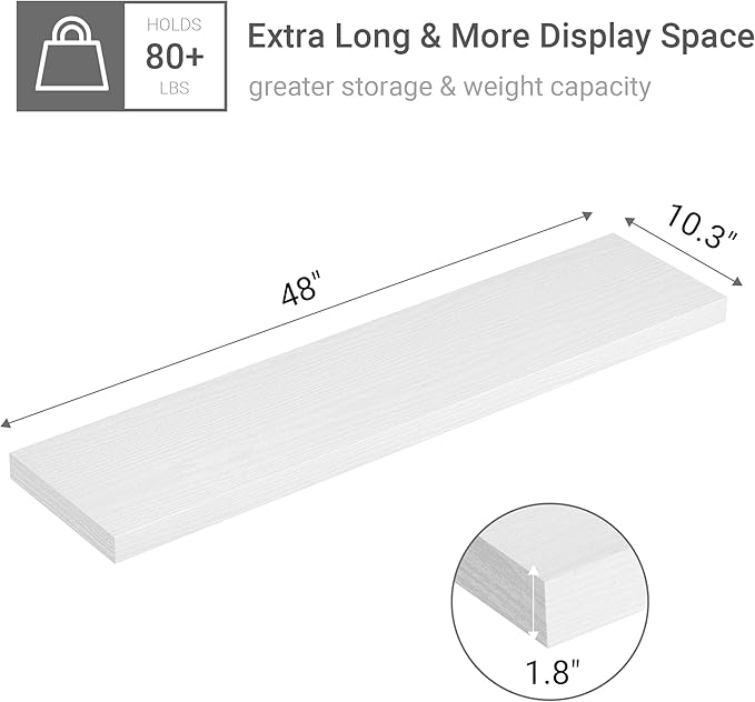 Vivelove Single Floating Shelves 48 Inches, 48 x 10 inch Deep x 1.8 in Thick, Long Wall Shelves Heavy Duty 80 lbs for Bedroom, Living Room, Kitchen, Office, Modern Shelf Book Home Decor, White