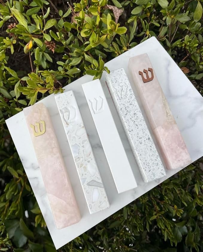 A&S Mezuzot Quartz Mezuzah Case with Engraved Shin Design Easy Peel and Stick Judaica Door Mezuza (Pink+Gold, 6 Inches)
