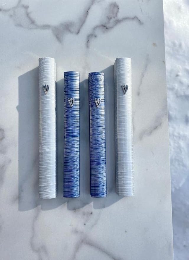 A&S Mezuzot Aluminum Mezuzah Case with 3D Painted Shin Design Easy Peel and Stick Judaica Door Mezuza for Parchment Scroll (Blue/White, 5 Inches)