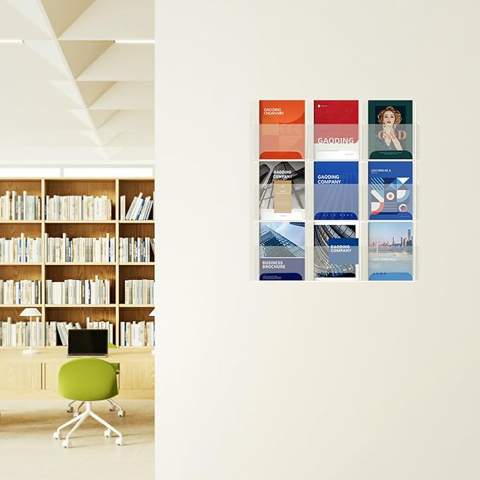 Acrylic Brochure Pamphlet Holder, 9 Magazine Holders, Clear Brochure Display Stand Wall Mount, Trifold Flyer Rack, Literature Storage Rack for Home, Offices, Waiting Room