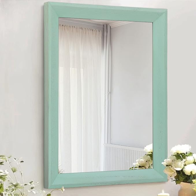 AAZZKANG Wood Framed Mirror Rectangle Modern Farmhouse Wall Mirrors Decor for Bedroom Living Room Bathroom Dressing Room Small Green