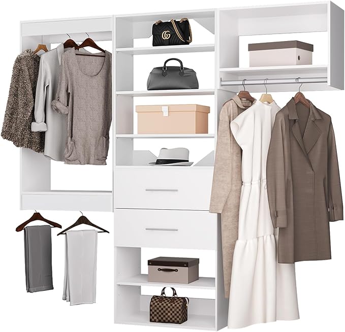 ROOMTEC Modular Closet System, 60" Wall Mounted Modern Closet Organizer with Hanging Rods and Drawers, Wooden Tower for Walk-In Closets, Wardrobe Storage Kit, White