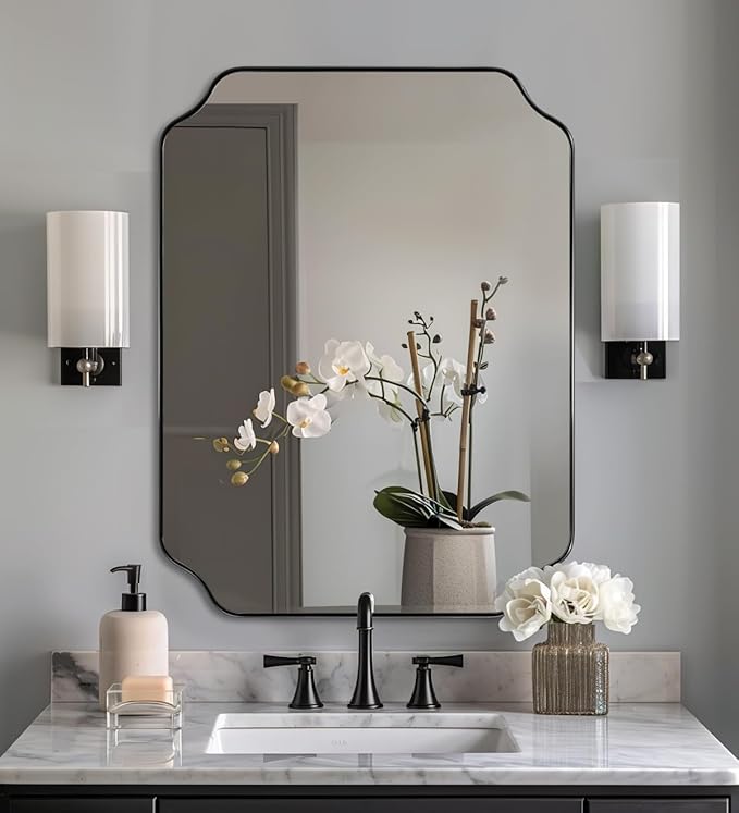ANDY STAR Black Bathroom Mirror, 22x30 Inch Asymmetrical Mirror, Irregular Wall Mirror in Stainless Steel Metal Frame, Modern Scalloped Mirrors Ideal for Bathroom, Bedroom (Horizontal/Vertical)