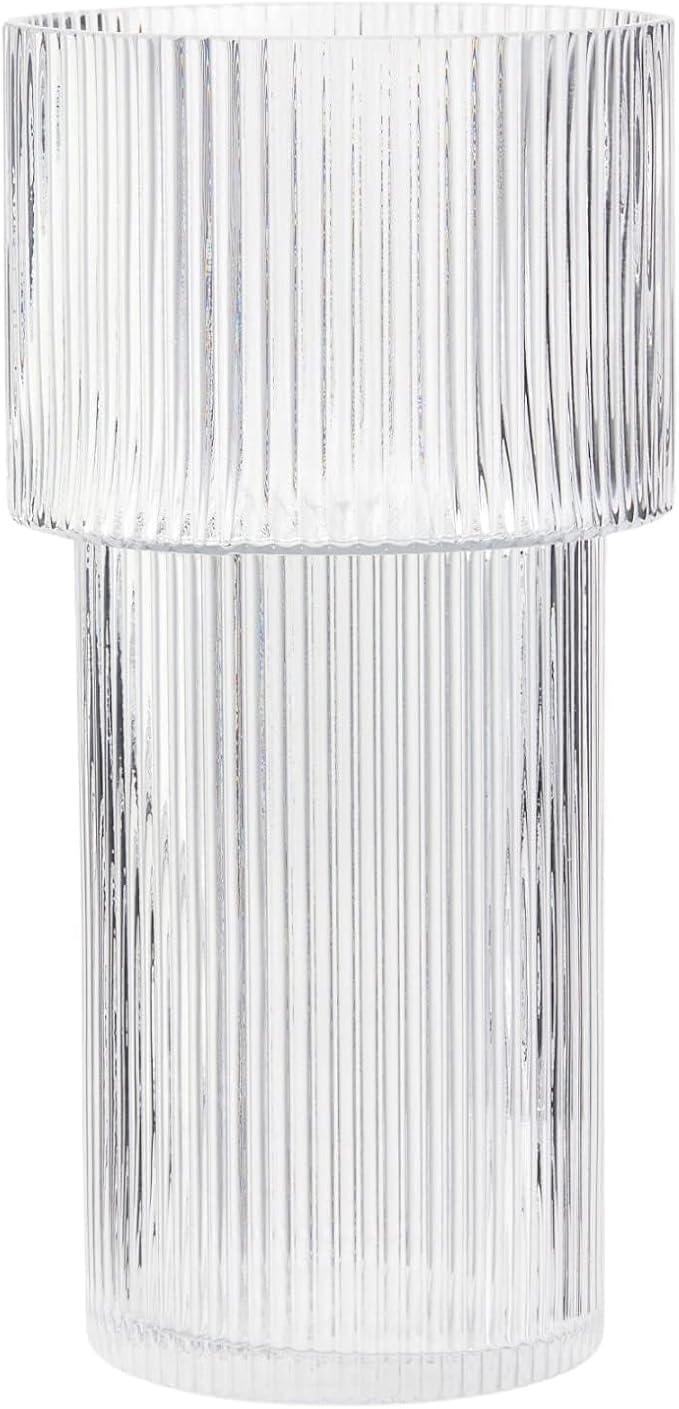 Large Glass Vase, 12 Inches Tall Vase for Flowers, Flower Vases for Bouquet, Modern Ribbed Glass Vases for Living Room, Dining Table, Office, Entryway, Mantle, Shelf, Wedding Gifts