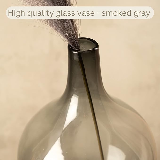 Floor Vase, Large Gray Glass Tall Big Vases, Smoked Black Glass Vase, Large Decorative, 15 inches Tall, Demijohn