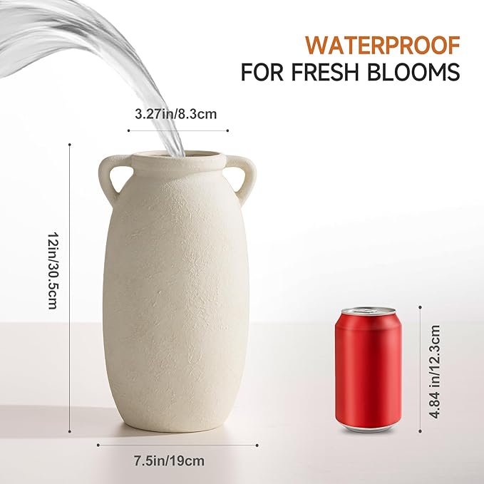Ceramic Flower Vase 12 inch Farmhouse Rustic Vase Decorative Pottery Terracotta Tall Vases for Home Decor Table Mantle Fireplace Living Room Bathroom Wedding Centerpiece(Large-White)