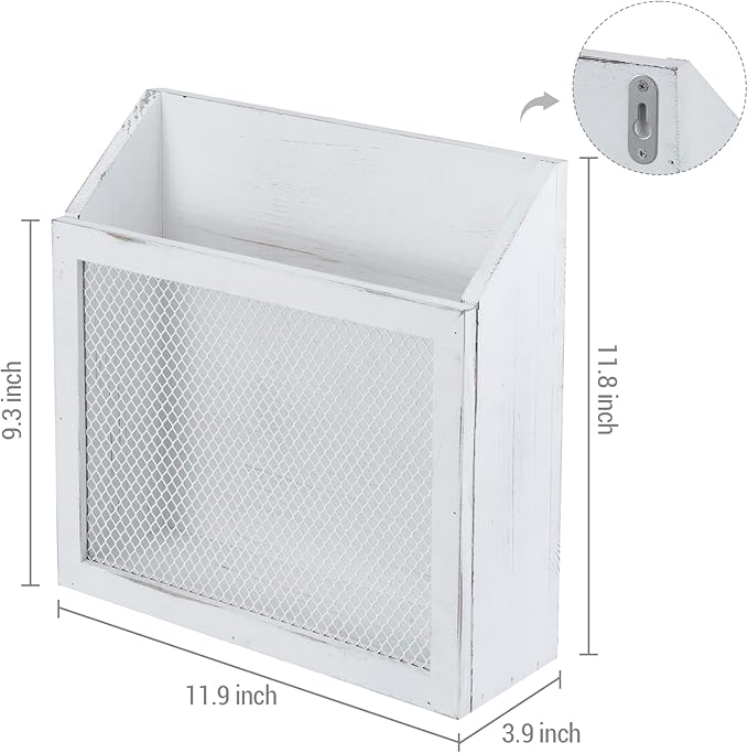 MyGift Rustic Magazine Holder Vintage White Wood and Chicken Wire Design Wall Mounted/Tabletop Mail Sorter, Farmhouse Home, Bathroom, Office Magazine Rack