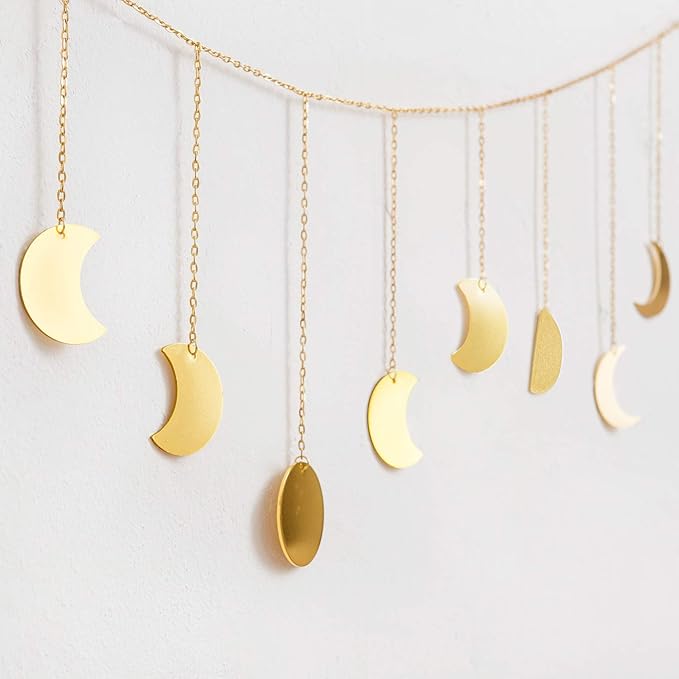 Mkono Moon Phase Wall Hanging Boho Aesthetic Room Decor Metal Moons Garland Hanging Art Bohemian Home Decoration for Girls Room Nursery Bedroom Livingroom Dorm, Ideal, Gold, 55"