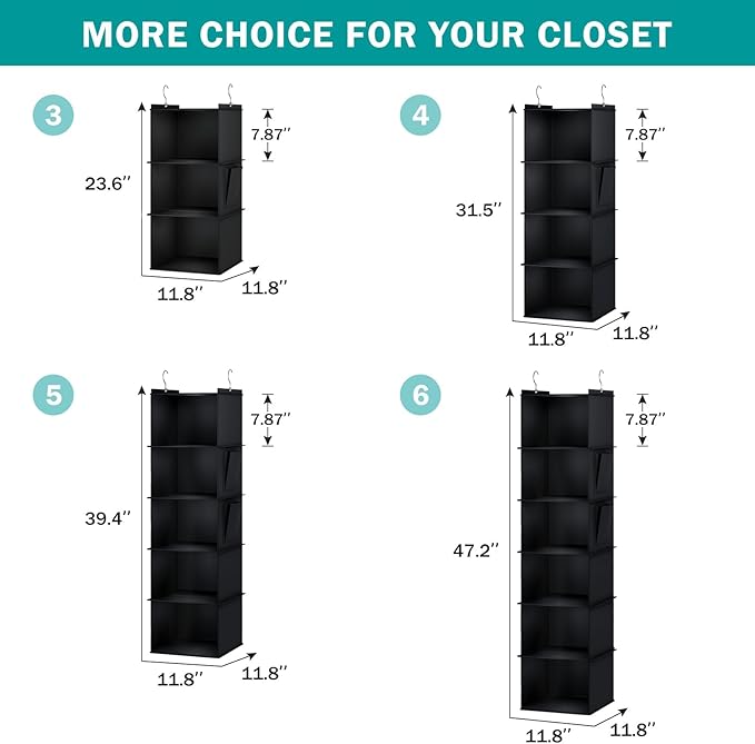 YOUDENOVA Hanging Closet Organizer, 5-Shelf Closet Hanging Storage Shelves, Black