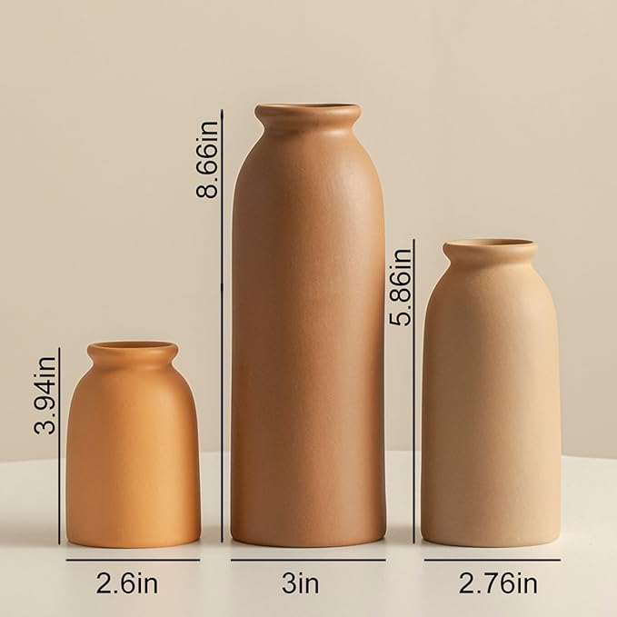 Ceramic Vase Set-3, Small Flower Vases for Decor, Modern Boho Farmhouse Style, Decorative Vases for Pampas Grass & Dried Flowers, Distressed Finish (Earth Tone)