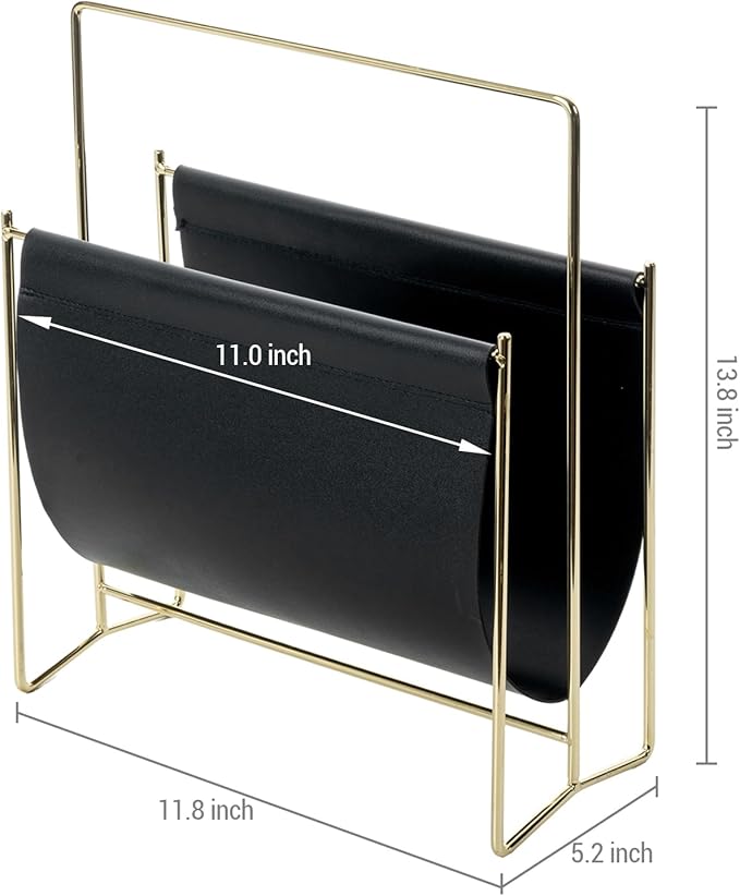 MyGift 13 Inch Modern Black Leatherette Magazine Holder Floor Standing Sling Style Rack with Gold Tone Metal Frame