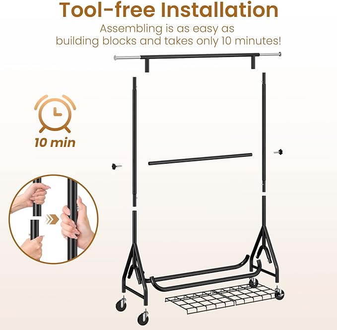 Double Rods Clothing Rack, Heavy Duty Clothes Rack for Hanging Clothes Load 560LBS, Metal Rolling Garment Racks with Wheels, Freestanding Clothes Hanging Racks, Black