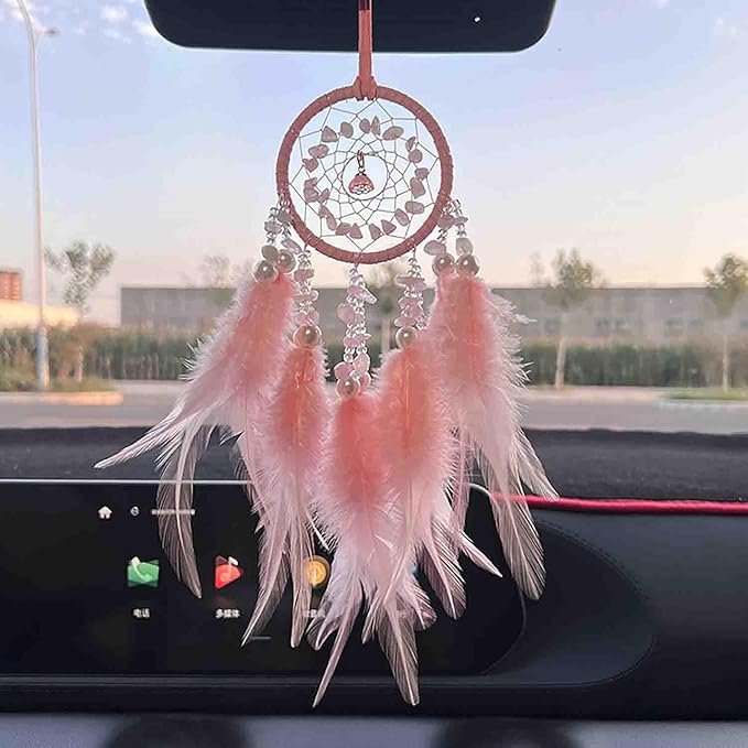 Car Dream Catcher for Rearview Mirror Accessories, Car Mirror Hanging Accessorie, Car Charms Ornament Lucky Ornament Pendant Car Interior Accessorie (Pink)