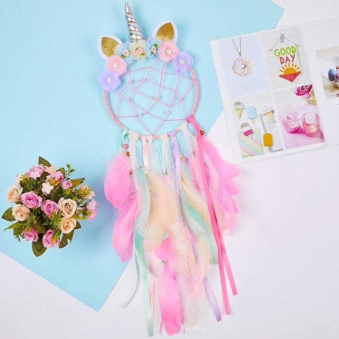 QtGirl Dream Catchers for Kids Unicorn Wall Decor for Girls Bedroom Flower Feather Wall Hanging Decoration
