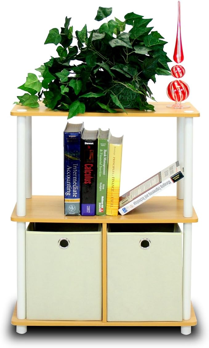 Furinno 99152BE/WH/IV 3-Tier Go Green Multipurpose Storage Rack Shelving Unit Bookshelf Cabinet with 2 Bins, Beech Finish