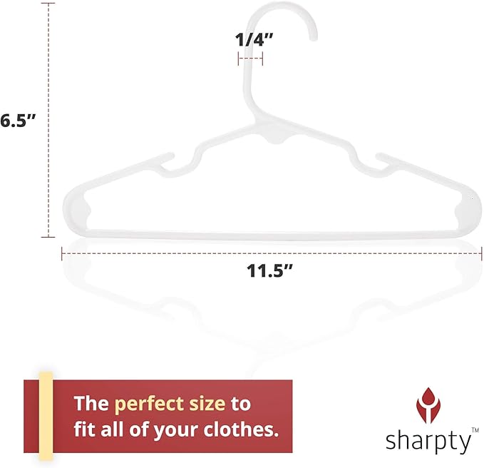 Sharpty Kids Plastic Hangers, Children's Hangers for Baby, Toddler, and Child Clothes - Everyday Standard Use - Ideal for Boys and Girls Closet, Clothing, Pants, Coats, and More - White, 40 Pack