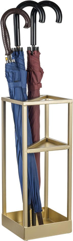 Umbrella Stand,Umbrella Holder for Entryway,20 Inch Tall Modern Brass Tone Metal Geometric Freestanding Entryway Umbrella Rack or Cane Holder with Shelf for Small Umbrellas and Bottom Drip Tray