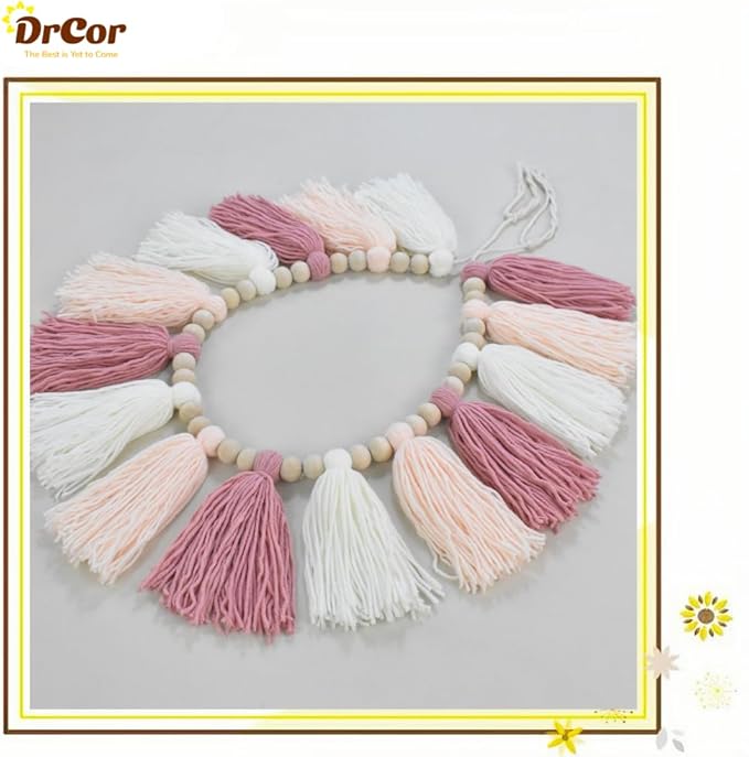 DrCor Pastel Pink Boho Tassel Garland – Blush Nursery Wall Decor for Girls Bedroom, Kids Room or Dorm, Gender Reveal or Baby Shower Backdrop, Bohemian Mantel or Entryway Decoration
